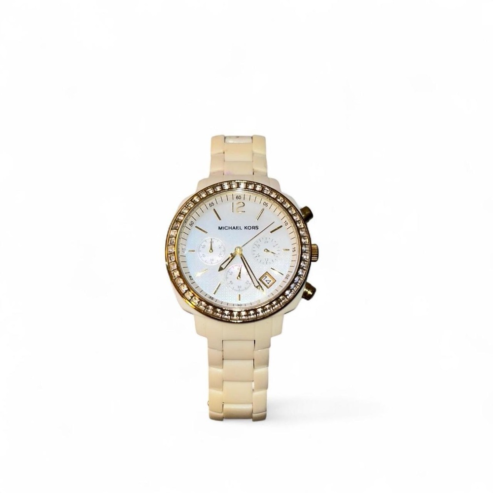 Michael Kors Chronograph White Acrylic Ladies Watch some discoloring